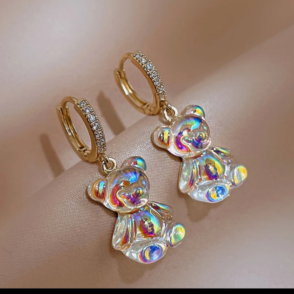 Simulated Diamond Teddy Bear earrings Holographic 925 Silver Post FREE SHIPPING
